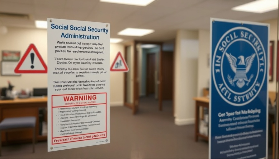 Social Security Administration door with signs, Social Security cuts Musk Medicare.