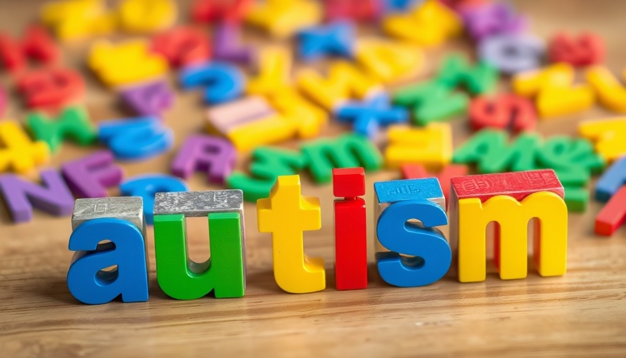 Colorful blocks spelling autism on a wooden table, blurred background.