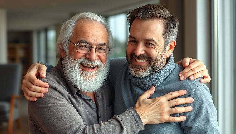 Senior care franchise ownership represented by two smiling men embracing.