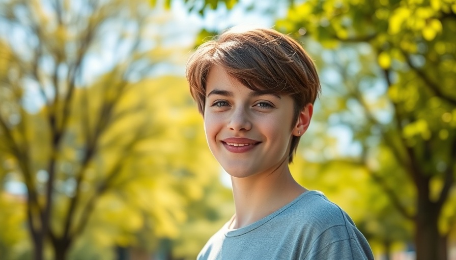 Young person in a park, softly smiling, surrounded by trees.