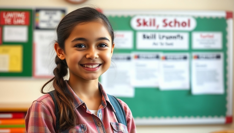 Outstanding vocational student in senior care smiling, showcasing skills board.