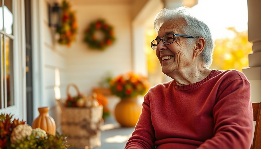 Elderly couple smiling on porch with autumn decor.