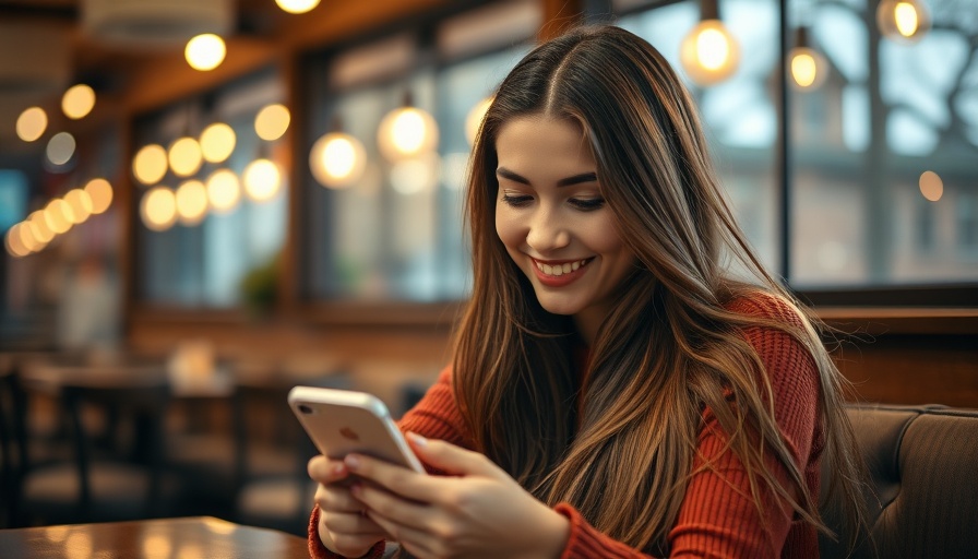 Woman in cafe smiling at phone, considering stock down 18% to buy.