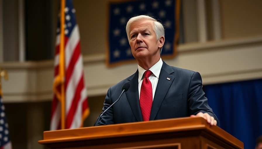 Public speaker addresses audience with American flag backdrop.