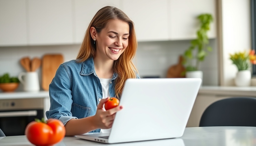 Happy woman using laptop with tomato in kitchen.