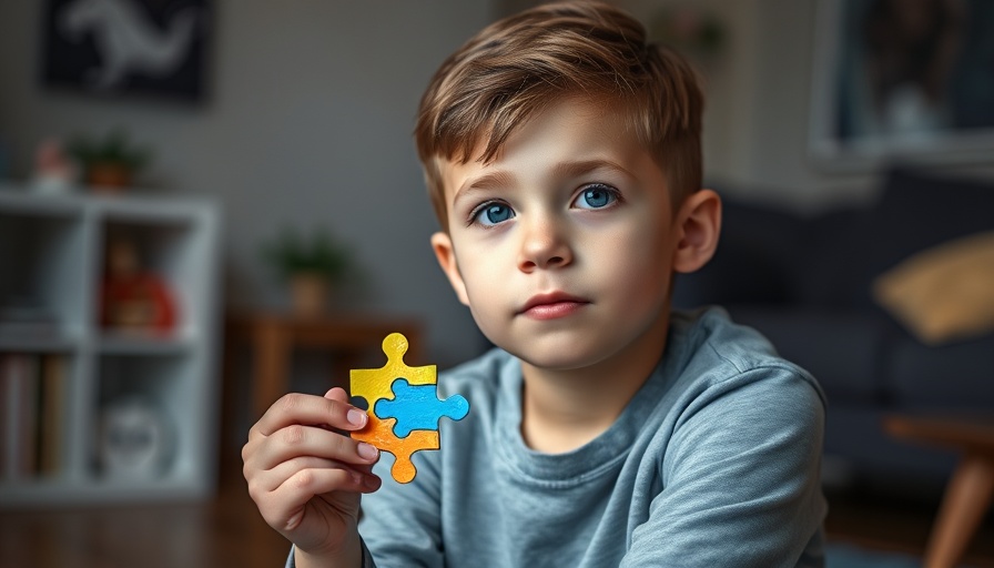 Thoughtful boy holding autism awareness puzzle piece indoors.
