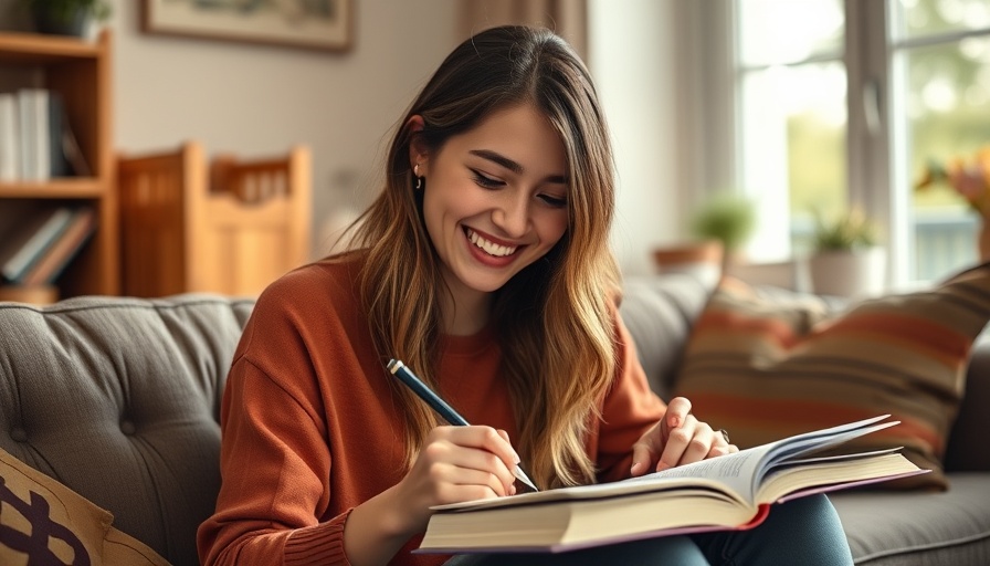 Cheerful woman writing with a can, cozy indoor setting.