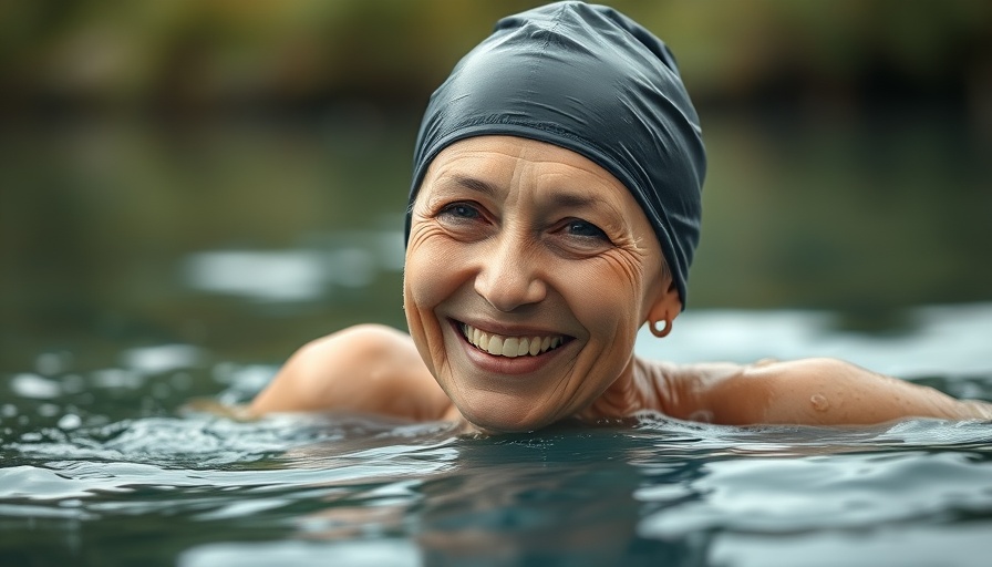 Older woman in swim cap smiling in water, neurospicy autism term.