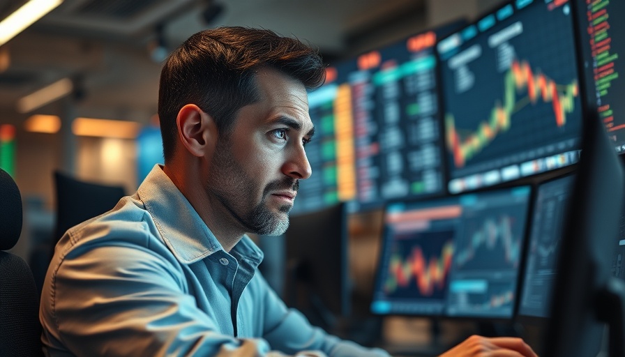 Businessman analyzing stock data, pondering Palantir stock future prediction in office.