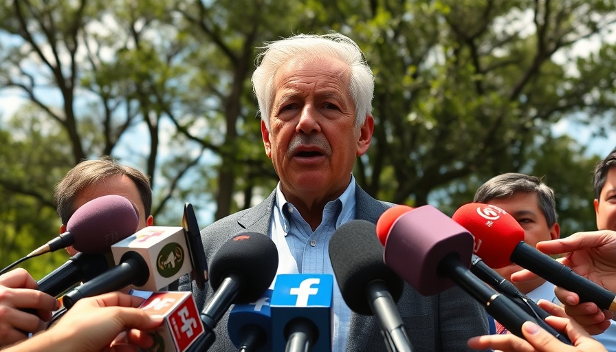 Man addressing media with microphones, outdoor setting.