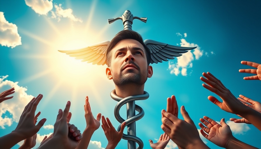 Surreal image of a face on a caduceus, hands reaching, Autism Health Summit theme.