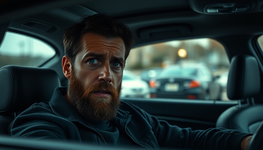 Concerned man in a car reflecting, symbolizing progressive stock decline.