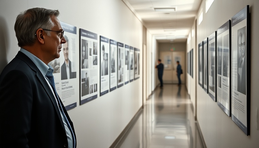 Middle-aged men discussing healthcare coverage for seniors in hallway.