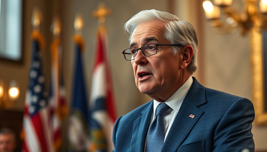 Older man speaking passionately at a podium with flags in the background.