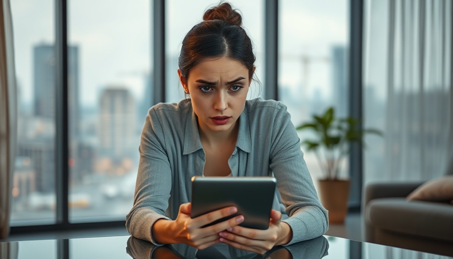 A worried woman reacts to news about Verizon and AT&T stocks falling.