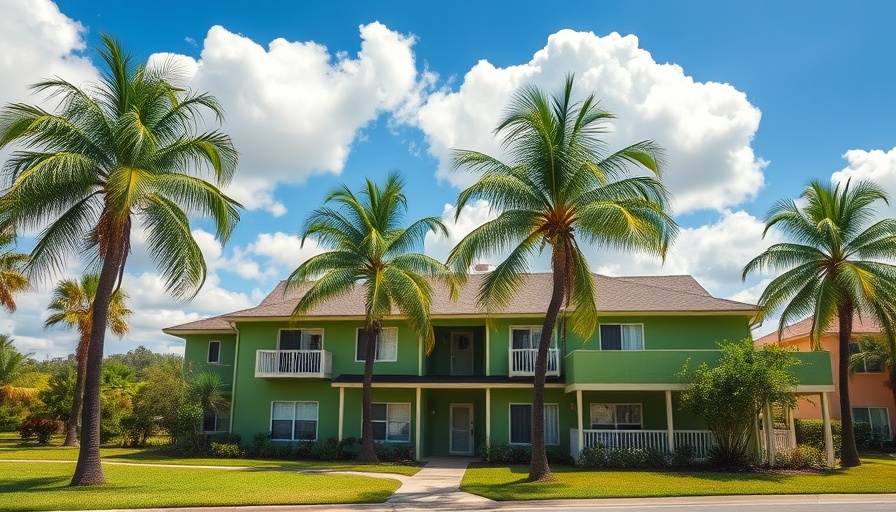 Green building with palm trees in suburban Muskegon, senior care advisors setting.