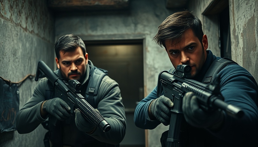 Cinematic scene of two men tactically clearing a room, autism representation in media as a concept.
