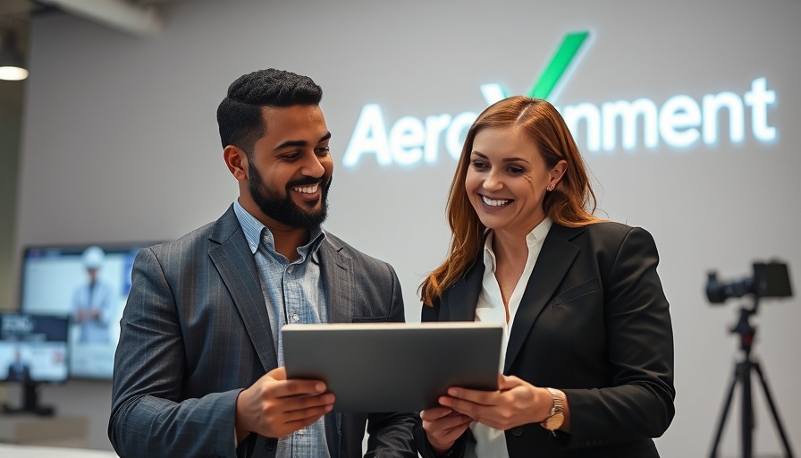 Investment in the Drone Sector: professionals with AeroVironment logo backdrop.
