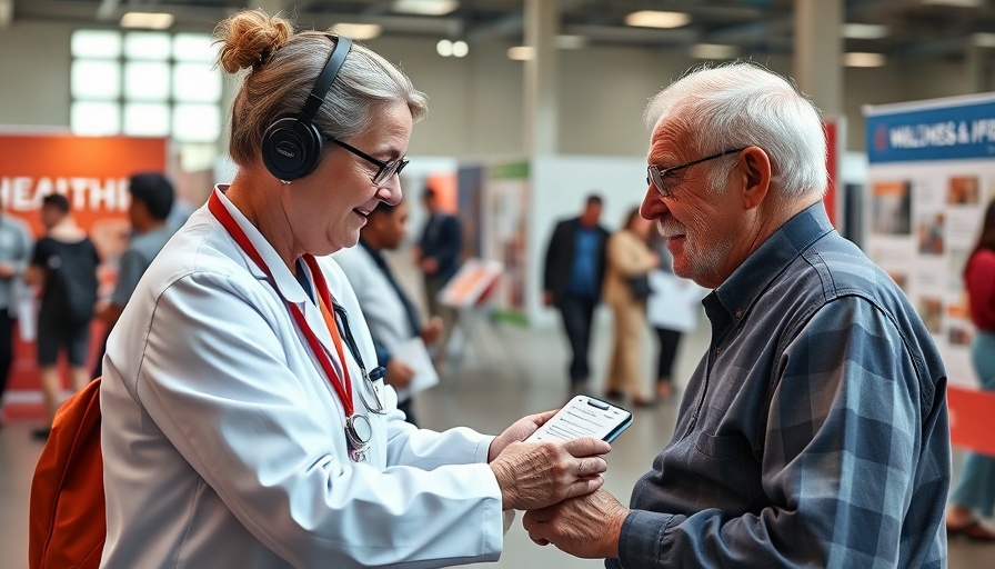 Health professional conducting cutting-edge wellness testing for seniors at a health expo.