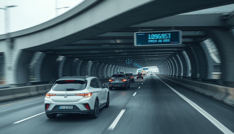 Autonomous vehicles navigating smart highway with digital signals.
