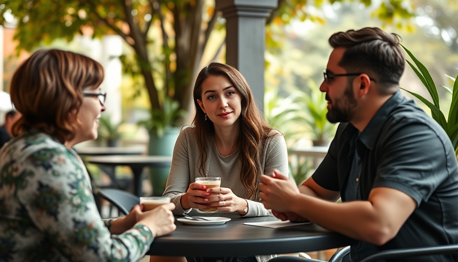 Casual outdoor meeting with three people discussing, relaxed setting.