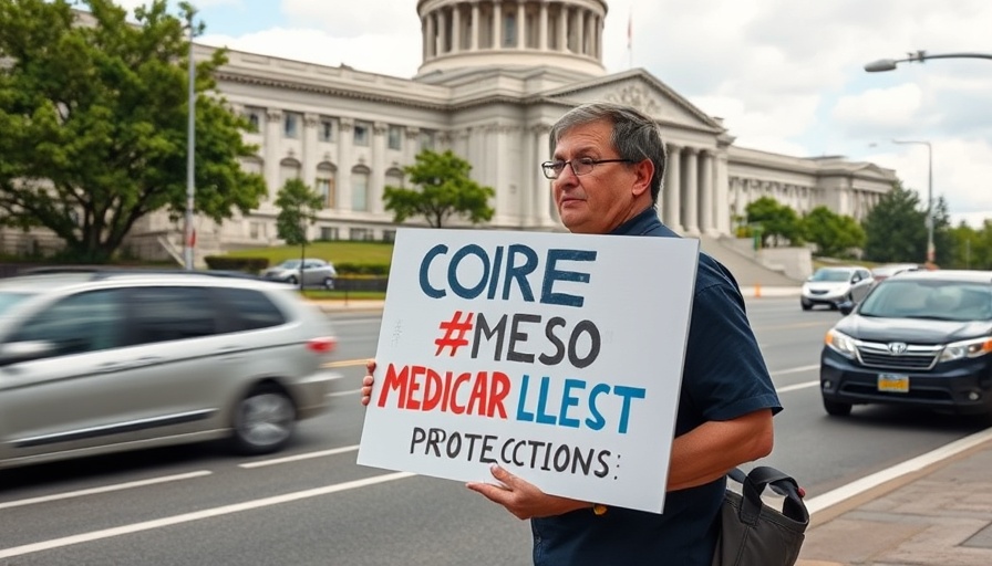 Protester with Medicare Medicaid sign by government building and traffic.