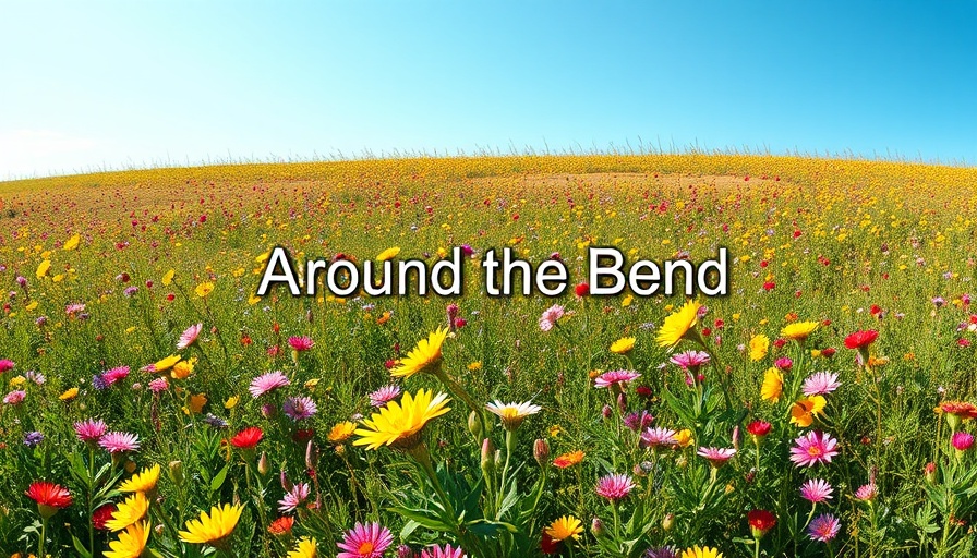 Field of wildflowers with 'Around the Bend' text overlay under a blue sky.