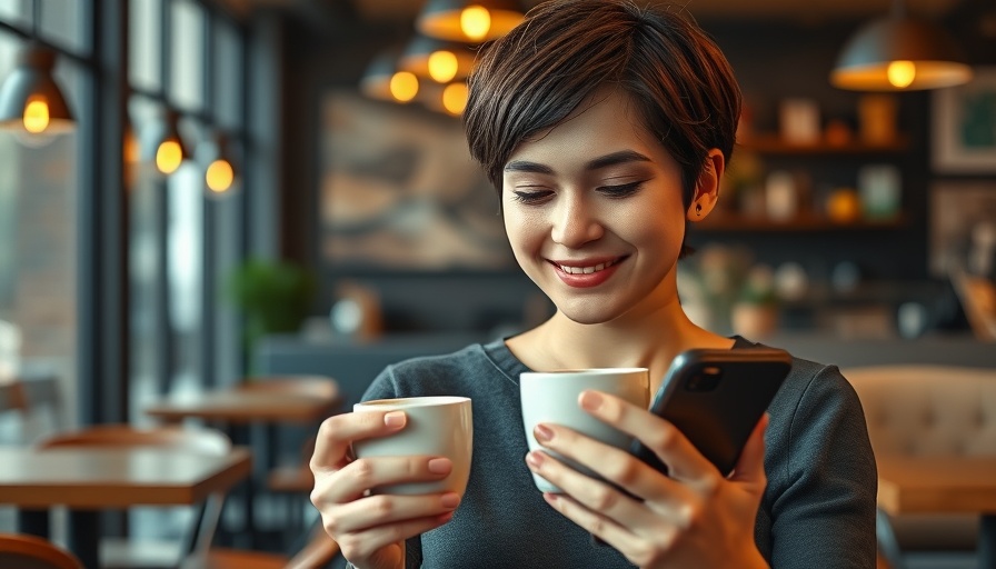 Young woman holding coffee and phone, cozy cafe setting.