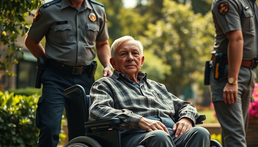 Senior inmate's health management scene with officers and support.