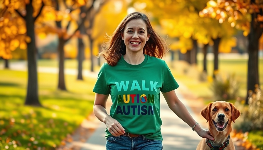 Woman walking dog in park for Walk for Autism event