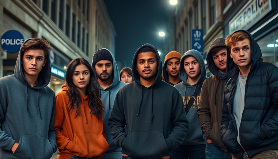 Defiant teenagers and youth arrest scene depicting gang violence.