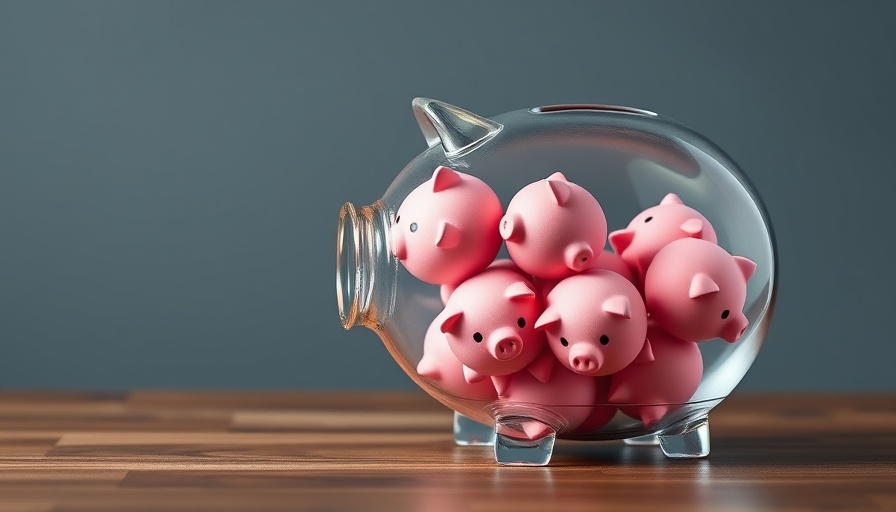 Transparent glass piggy bank with pink piggy banks inside on a table.