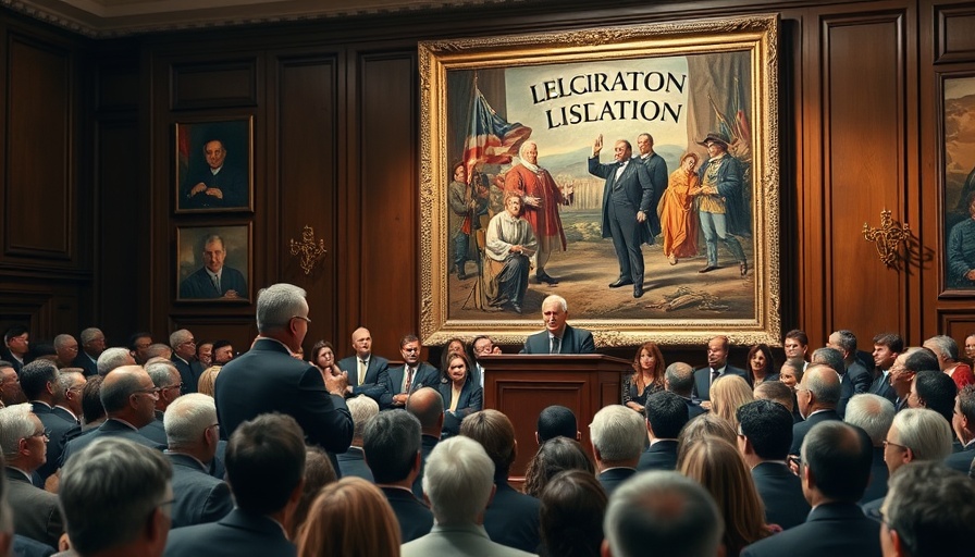 Legislation event with historical painting backdrop.