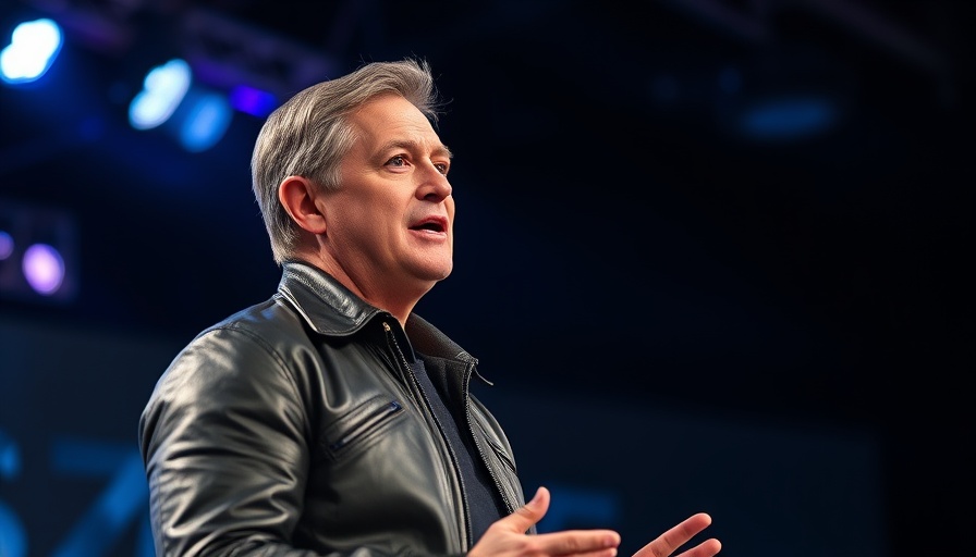 Confident speaker in a leather jacket at a blue-lit conference.