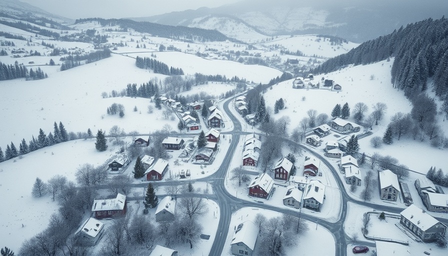 Vintage newspaper headline over a snowy small town aerial view.