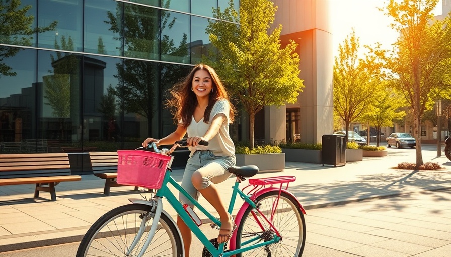 Young woman cycling at modern office complex, Alphabet