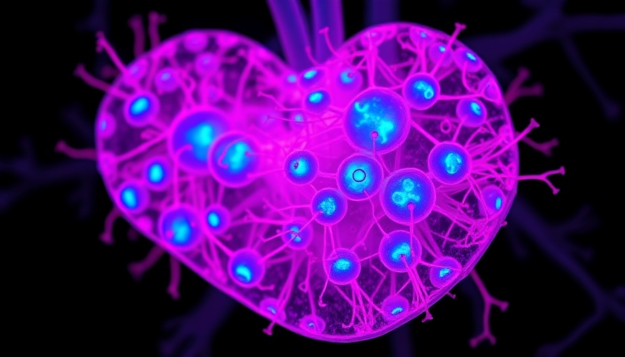 Microscopic heart cells with fluorescent patterns related to autism and heart defects.