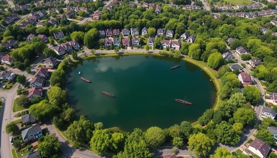 Aerial view of residences near lake emphasizing nature and urban living.
