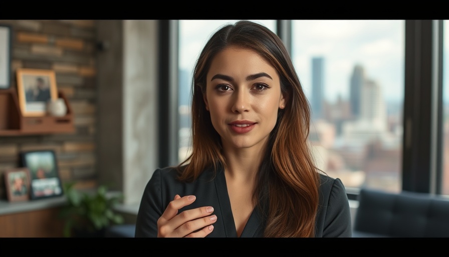 Young woman delivering news indoors with stone wall and city view.