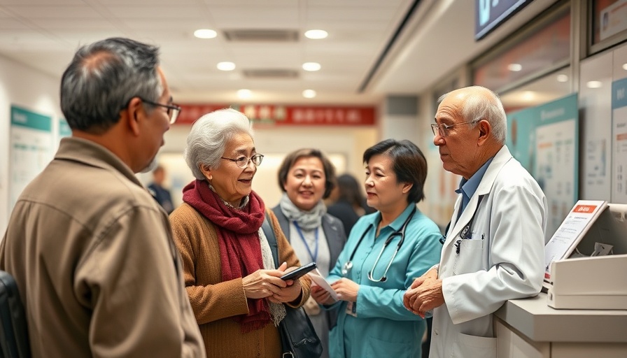 Senior individuals at hospital counter in China for cancer care.