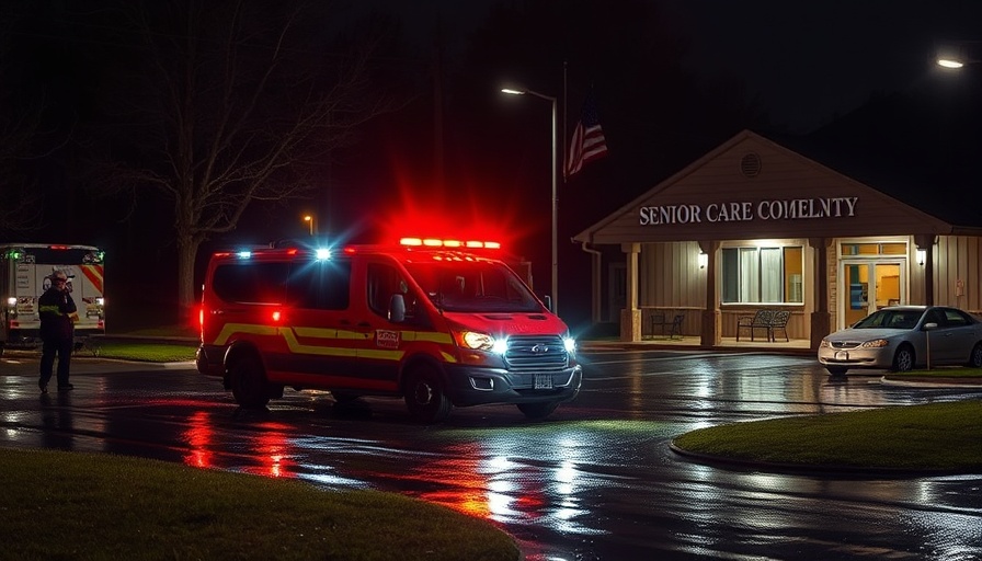 Emergency responders at a senior care facility during flooding at night.