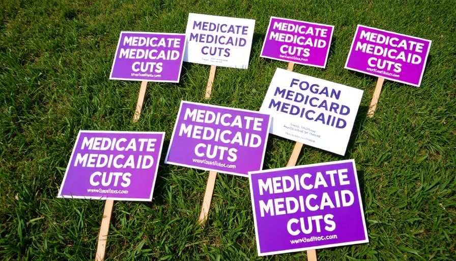 Protest signs against Medicare Medicaid cuts on grass.