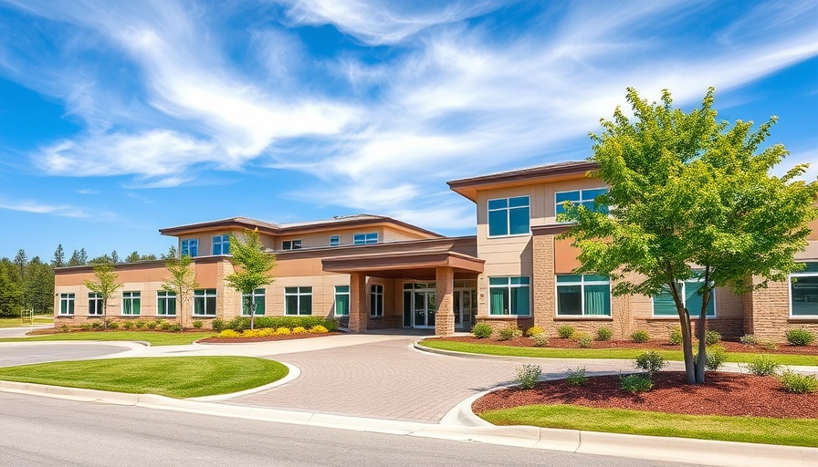 Exterior of senior care facility under bright blue sky.