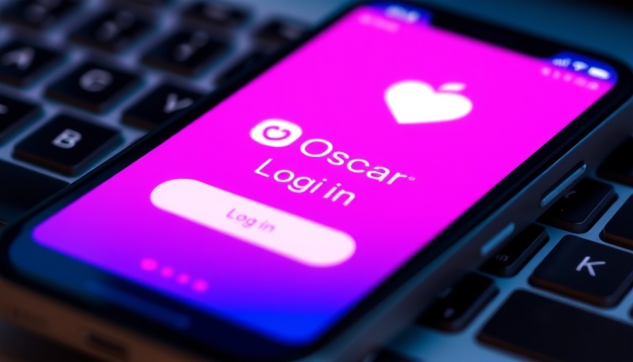 Oscar Health app display on smartphone under vibrant pink hue.