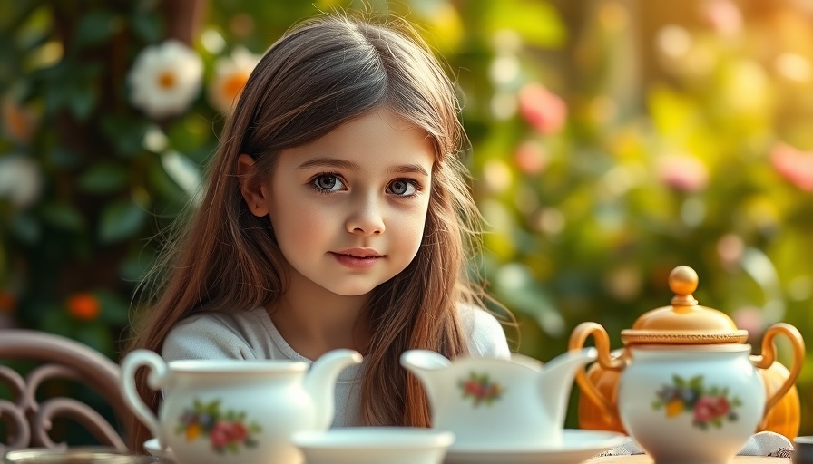 Young girl enjoying tea party in garden with porcelain set.