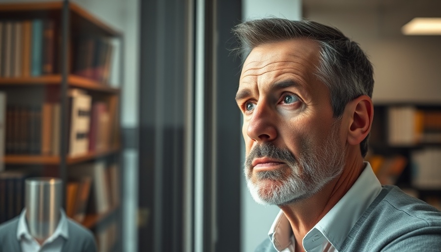 Pensive middle-aged man gazing out window, serene atmosphere.