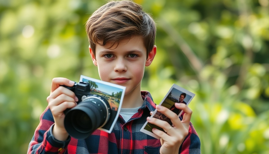 Teenager with autism holding photos, vibrant nature background.