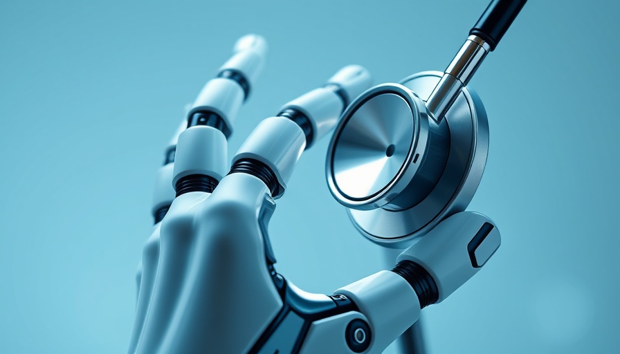 Futuristic robot hand in healthcare setting touching stethoscope.