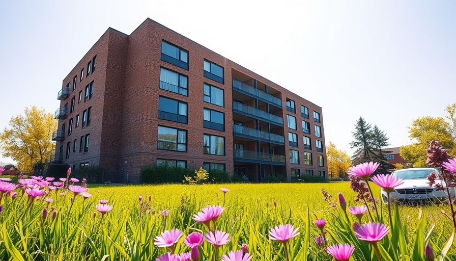 Senior living community building with gardens, clear blue sky backdrop.