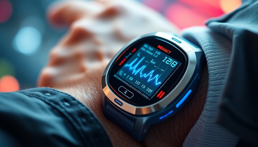 Close-up of a futuristic wearable medical device displaying vitals.